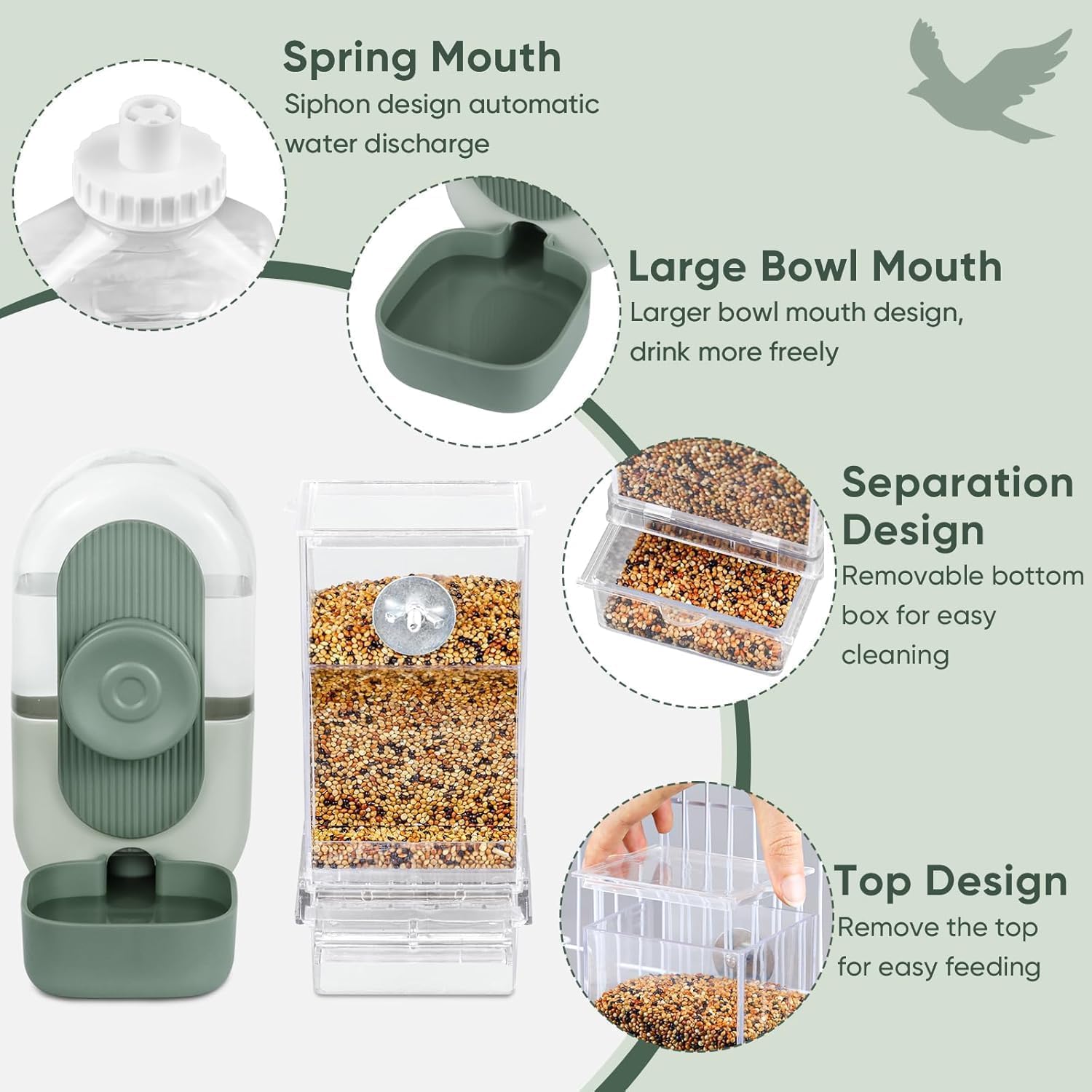 Pet water and food dispenser with features highlighted on a light green background at Pet Servo