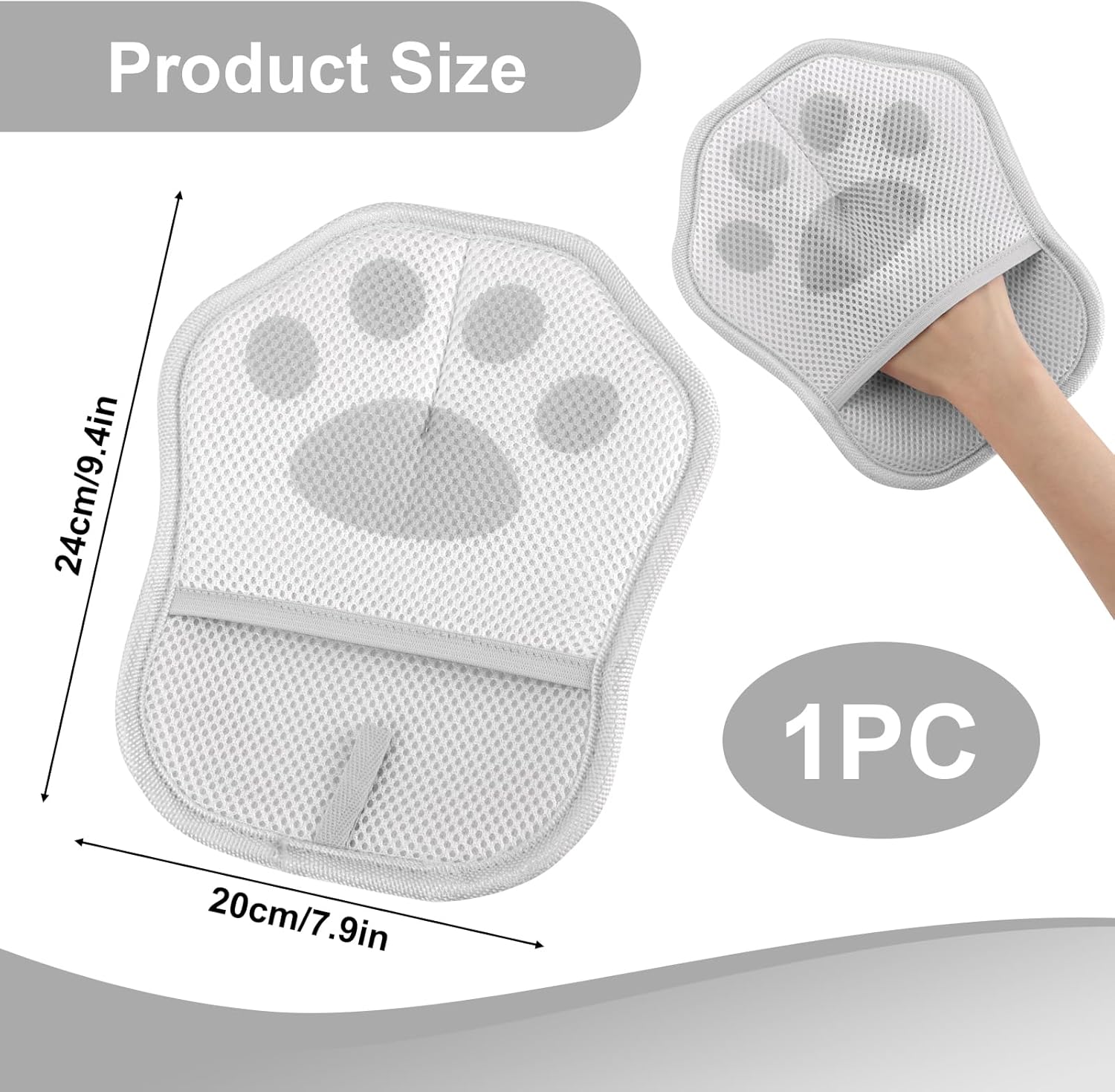 Gray mesh cushion with paw design and dimensions on a white background at Pet Servo