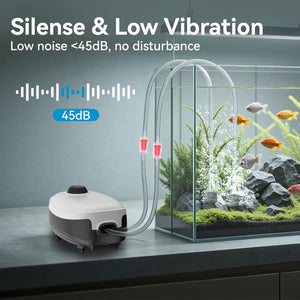 Aquarium air pump with fish and plants, labeled 'Silence & Low Vibration' on a gray background at Pet Servo