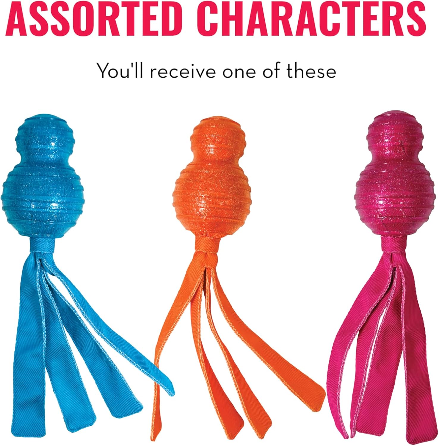 Three textured ball-shaped dog toys with long ribbon tails in blue, orange, and pink, displayed side-by-side under the text 'ASSORTED CHARACTERS' and 'You'll receive one of these' on a white background at Pet Servo