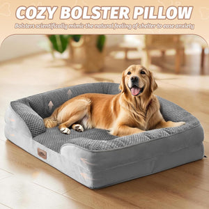 Dog lying on a gray cozy bolster pillow with a blurred indoor background at Pet Servo