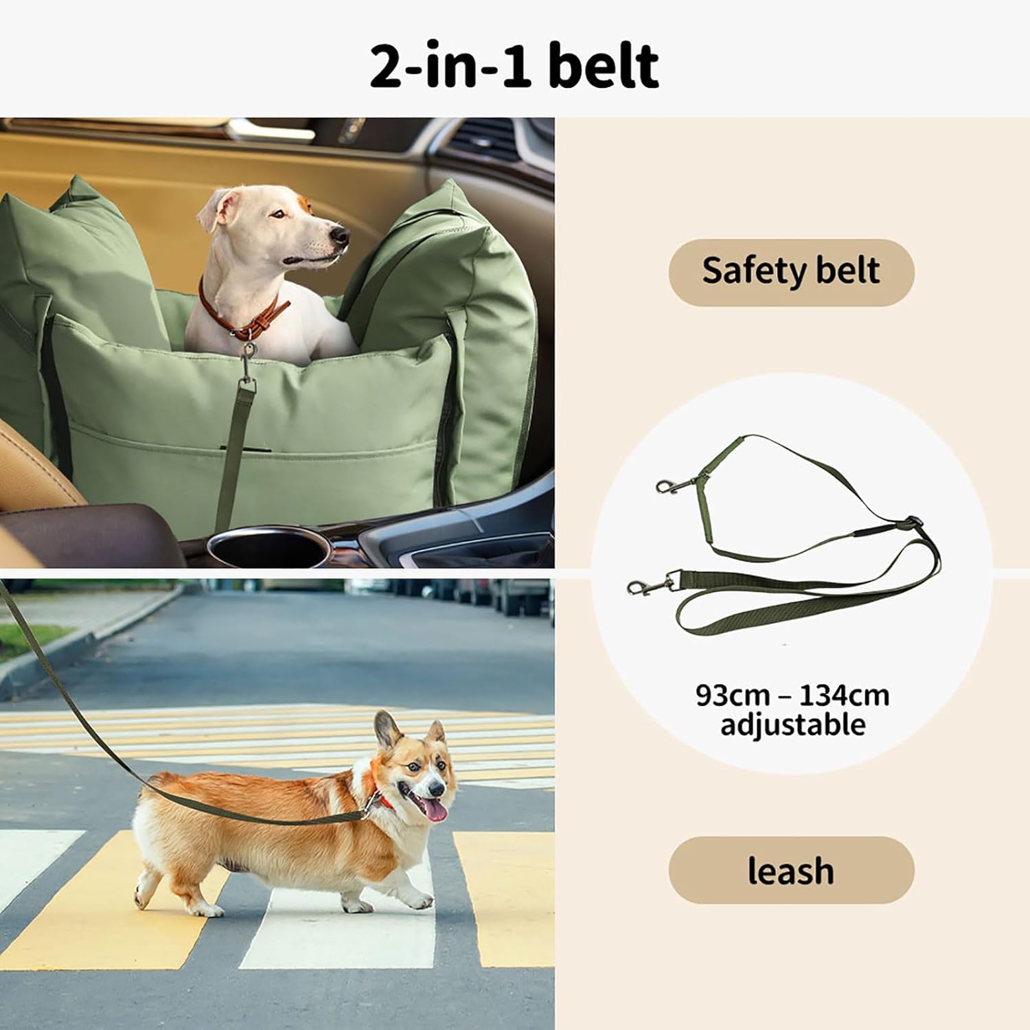 2-in-1 belt with safety harness and leash for dogs, shown in use with a car seat and on a dog walking outdoors at Pet Servo