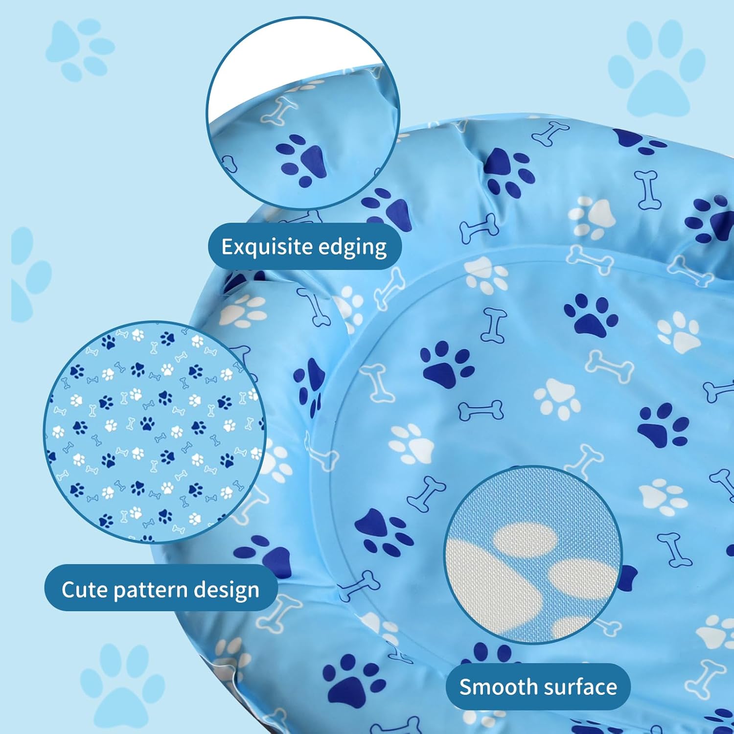 Blue pet mat with paw and bone pattern on a light blue background at Pet Servo