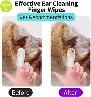 Dog ear cleaning process with finger wipes, labeled 'Before' and 'After', and 'Vet Recommendations' text at Pet Servo