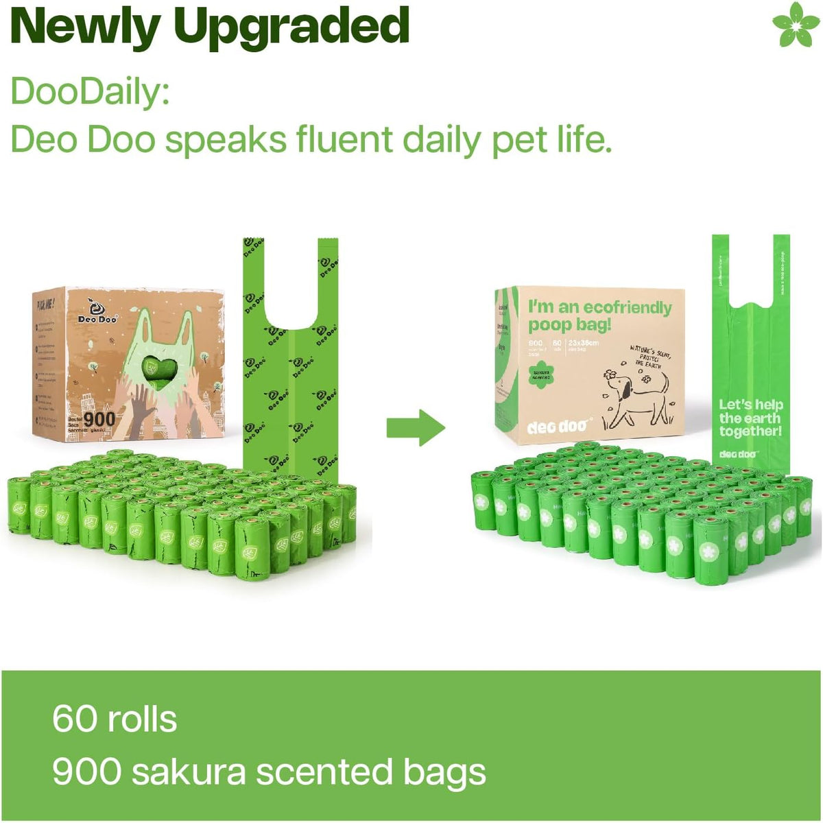 DooDaily eco-friendly poop bag packaging with text and graphics on a white background at Pet Servo