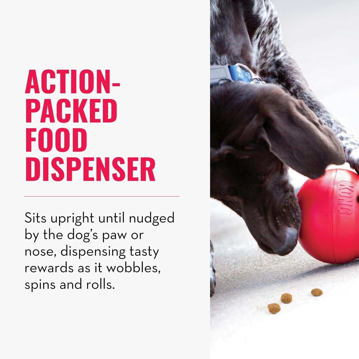 Dog interacting with a red KONG food dispenser toy on a light surface at Pet Servo