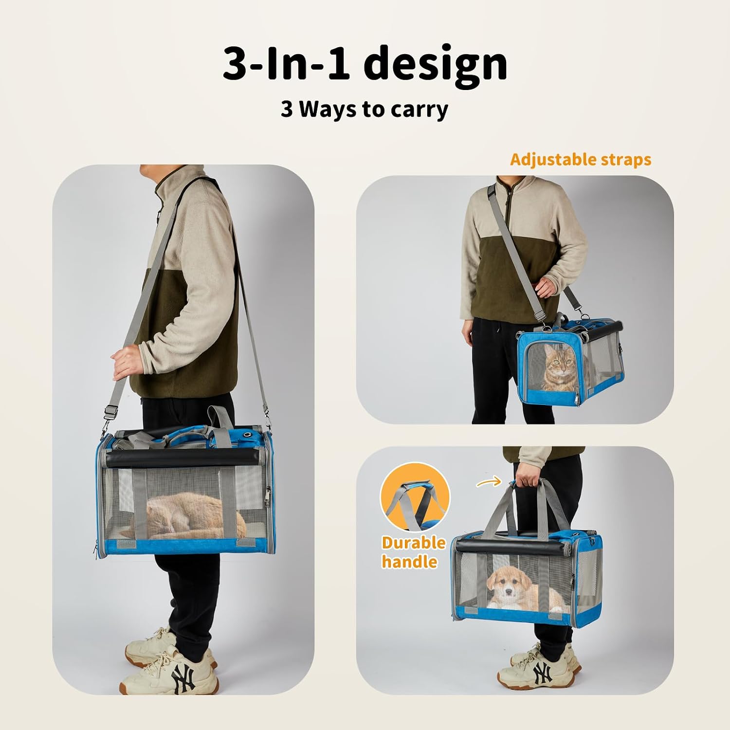Three-panel product demonstration graphic showing a blue and gray pet carrier bag with a dog inside, carried by a person in three different ways: shoulder strap, crossbody, and handheld. Text reads '3-In-1 design', '3 Ways to carry', 'Adjustable straps', and 'Durable handle' at Pet Servo