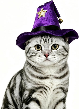 A silver tabby cat wearing a small purple witch hat with a gold star and bell, photographed against a plain white background at Pet Servo