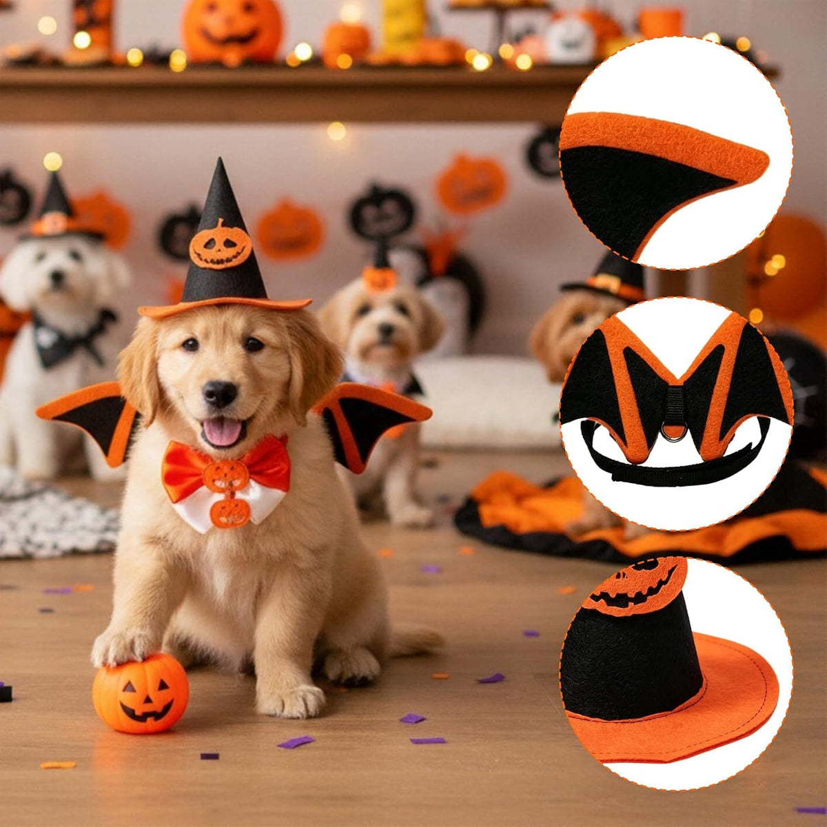 A golden retriever puppy wears a Halloween costume set with a black witch hat, orange trim, a white bib, and a red bow tie, while other dogs and pumpkins appear blurred in the background. Three circular inset close-ups on the right show detail views of the costume pieces.