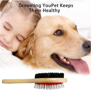 Dog being groomed by a child with a grooming brush, emphasizing the importance of pet grooming at Pet Servo