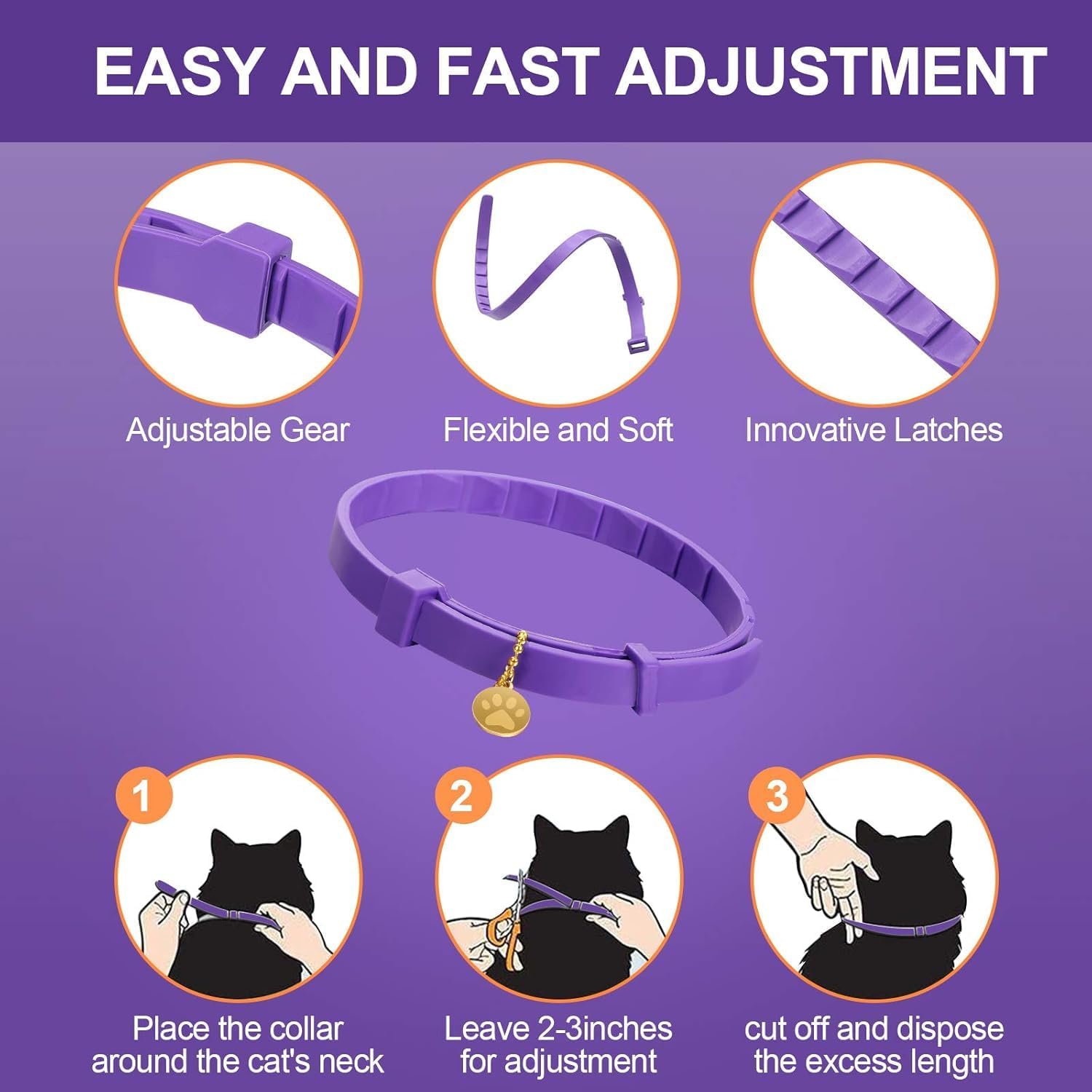 Purple cat collar with adjustable gear, flexible design, and innovative latches on a purple background at Pet Servo