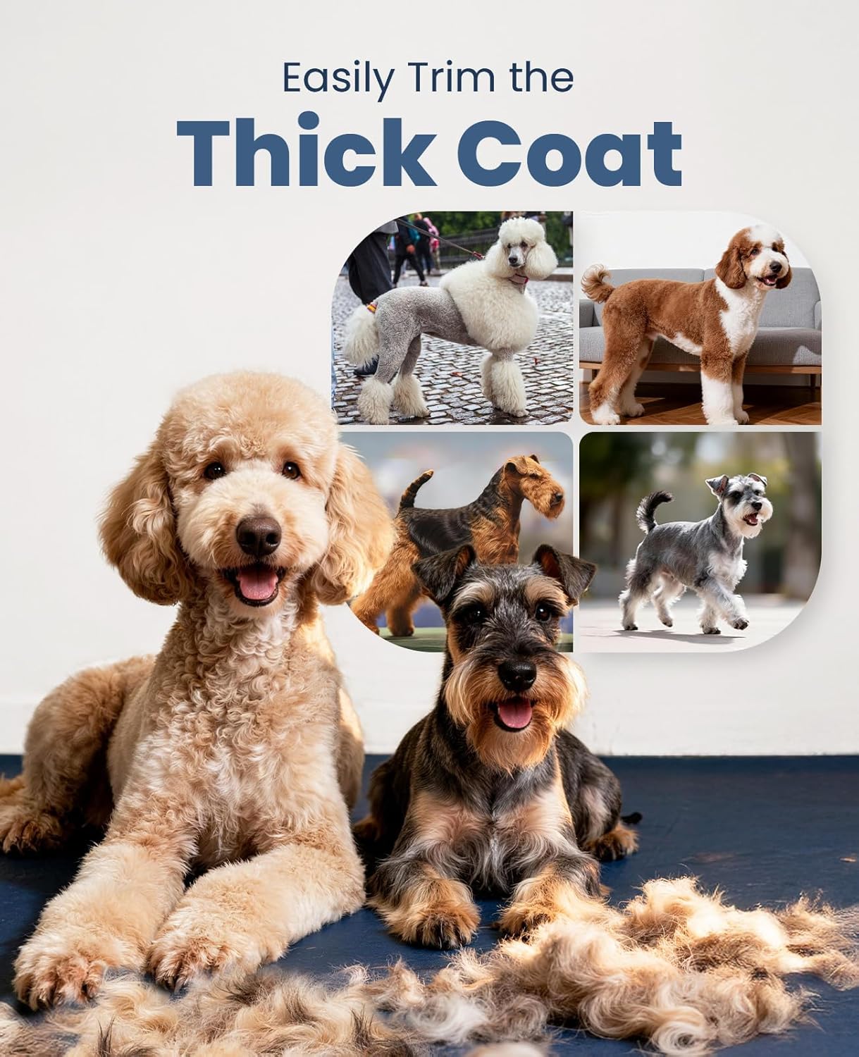 Book cover with images of dogs and text 'Easily Trim the Thick Coat' on a light gray background at Pet Servo