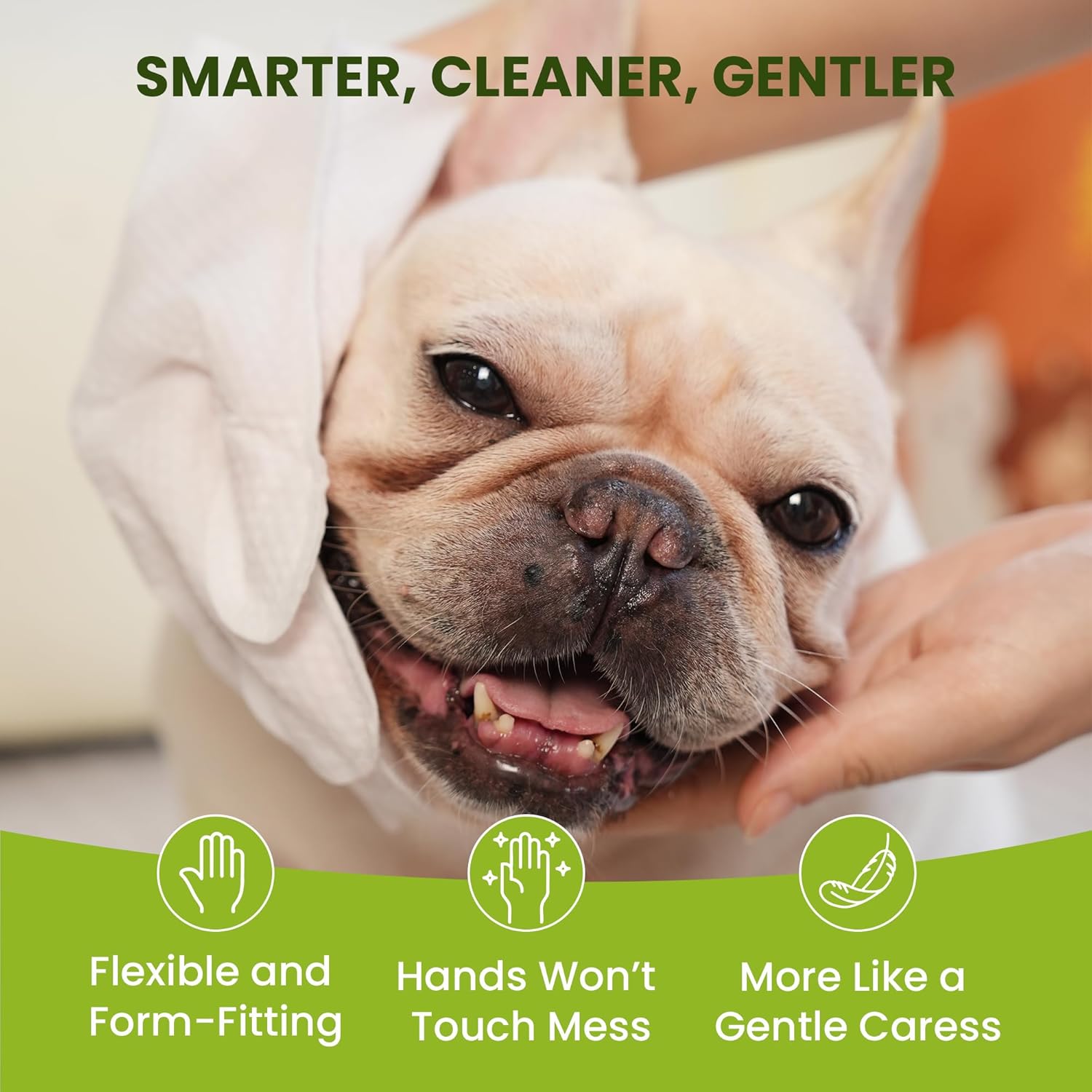 Dog being petted with text 'Smarter, Cleaner, Gentler' and product features on a green background at Pet Servo