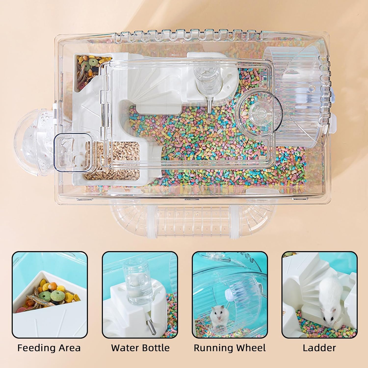 Pet habitat with various features including a feeding area, water bottle, running wheel, and ladder on a beige background at Pet Servo