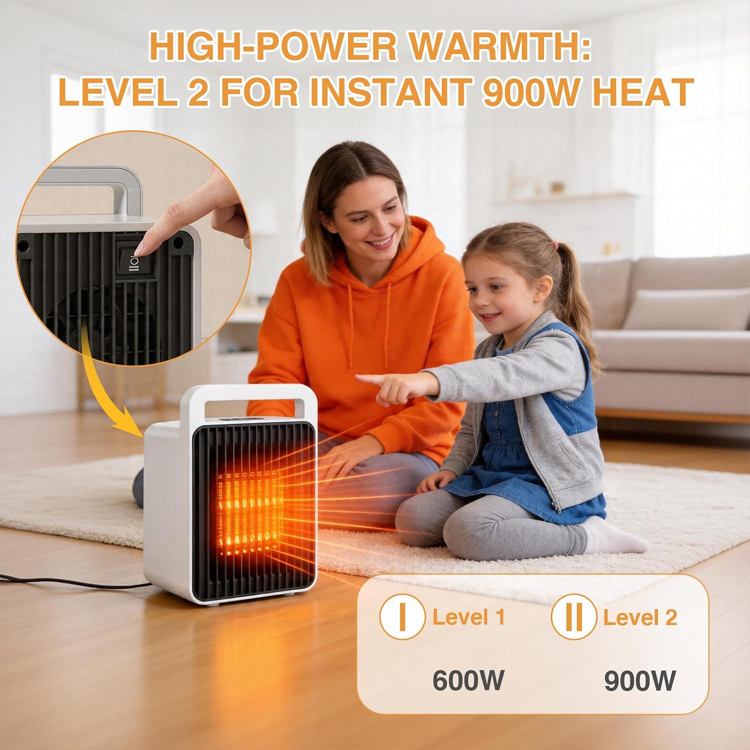 A white and black portable fan heater glowing with orange heat rays, shown on a wooden floor in a living room with a woman and child sitting nearby. Text overlays highlight high-power warmth at 900W, with an inset circle showing a hand adjusting the control on the back of the heater.