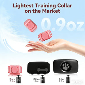 A promotional graphic for a light pink pet training collar, showing the collar floating above a human hand to demonstrate its small size. The text reads 'Lightest Training Collar on the Market' and '0.