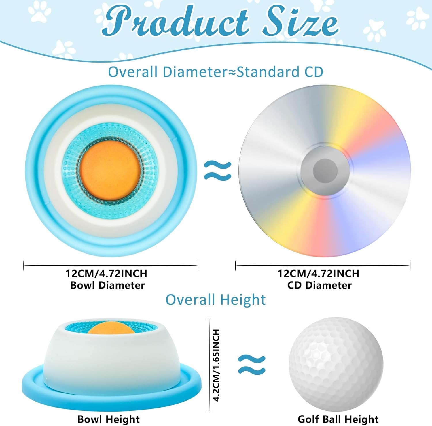 Product size comparison with a standard CD, showing diameter, height, and bowl dimensions at Pet Servo