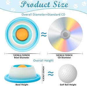 Product size comparison with a standard CD, showing diameter, height, and bowl dimensions at Pet Servo