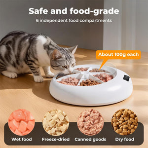 Cat eating from a food dispenser with different food types displayed below at Pet Servo