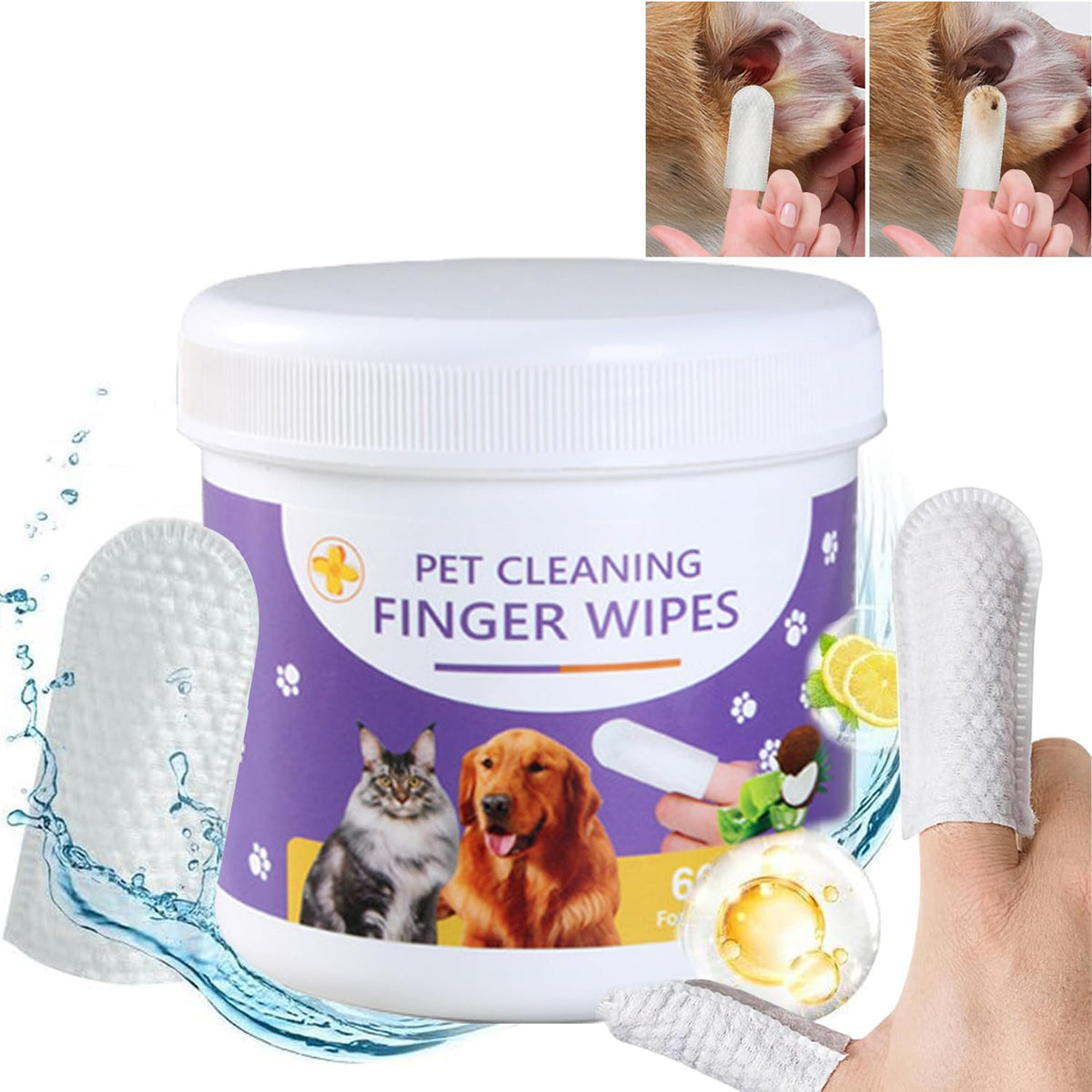 A white plastic tub labeled 'PET CLEANING FINGER WIPES' with a purple label, shown alongside several white textured cleaning wipes and small inset photos of a cat and dog using the wipes. The background is white at Pet Servo