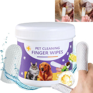 A white plastic tub labeled 'PET CLEANING FINGER WIPES' with a purple label, shown alongside several white textured cleaning wipes and small inset photos of a cat and dog using the wipes. The background is white at Pet Servo