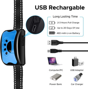 USB rechargeable device with charging options and battery information on a white background