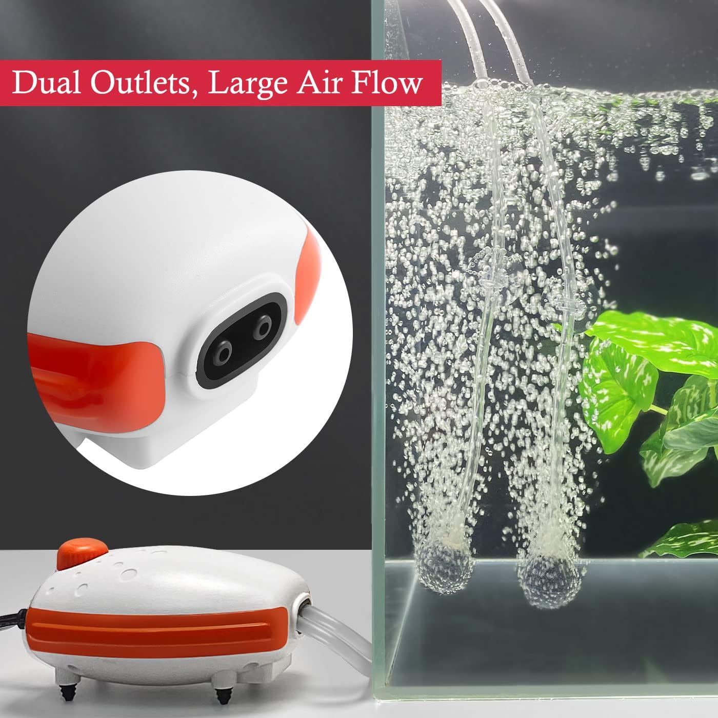 Air pump with dual outlets and large air flow in an aquarium setting at Pet Servo