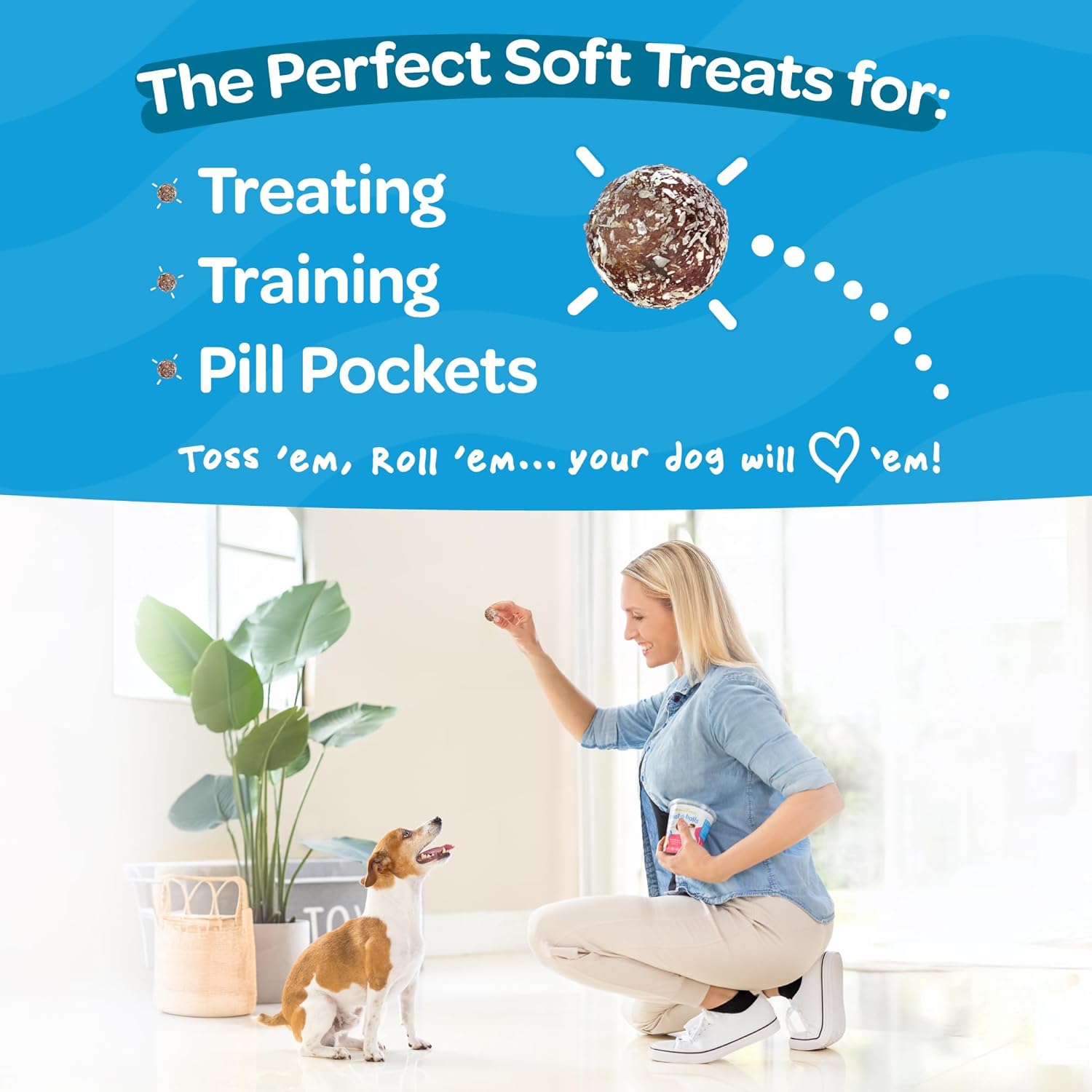 Woman with a dog in a room with text about soft treats for pets at Pet Servo