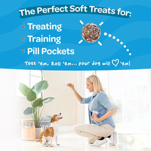 Woman with a dog in a room with text about soft treats for pets at Pet Servo