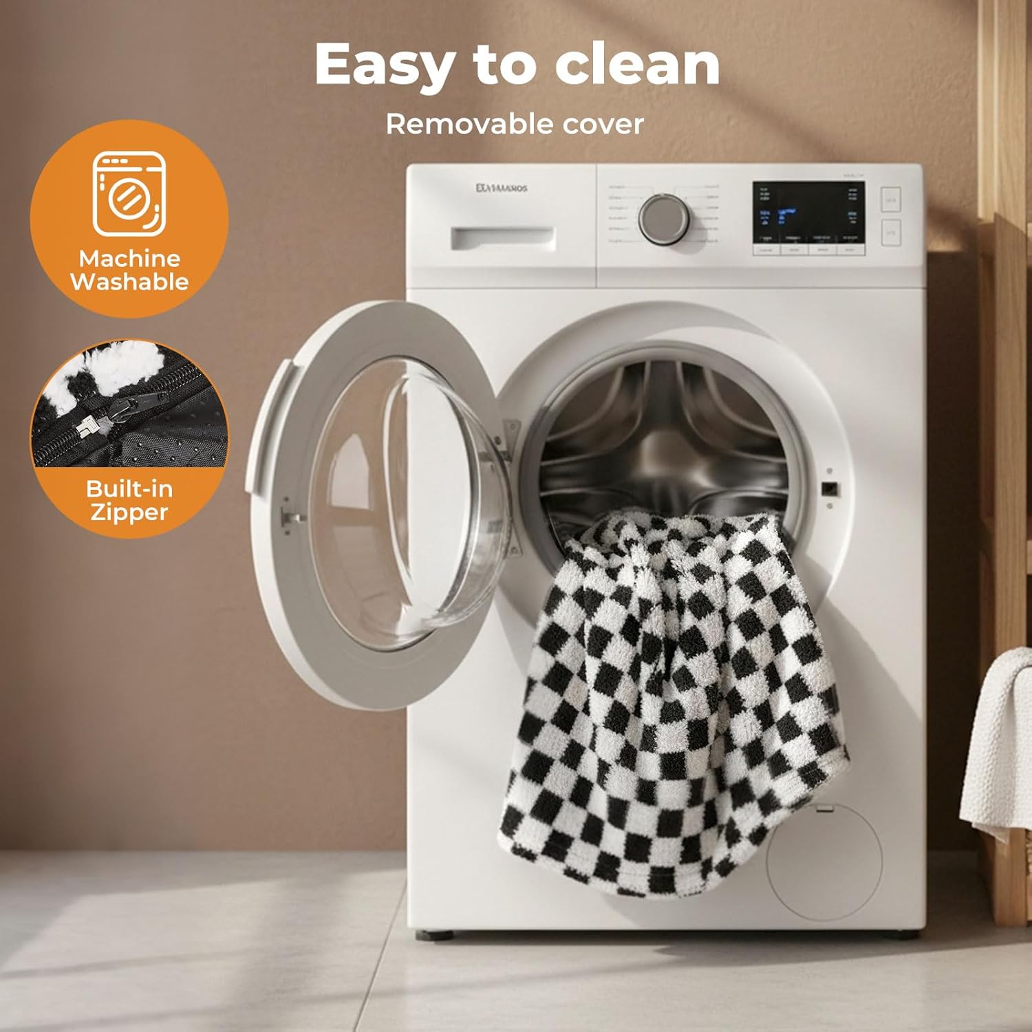 White washing machine with a checkered towel inside, featuring text about machine washability and removable cover at Pet Servo