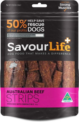 SavourLife Australian Beef Strips dog food package with black and pink design at Pet Servo