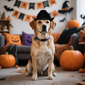 Dog wearing a cowboy hat in a Halloween-themed room with pumpkins and decorations at Pet Servo