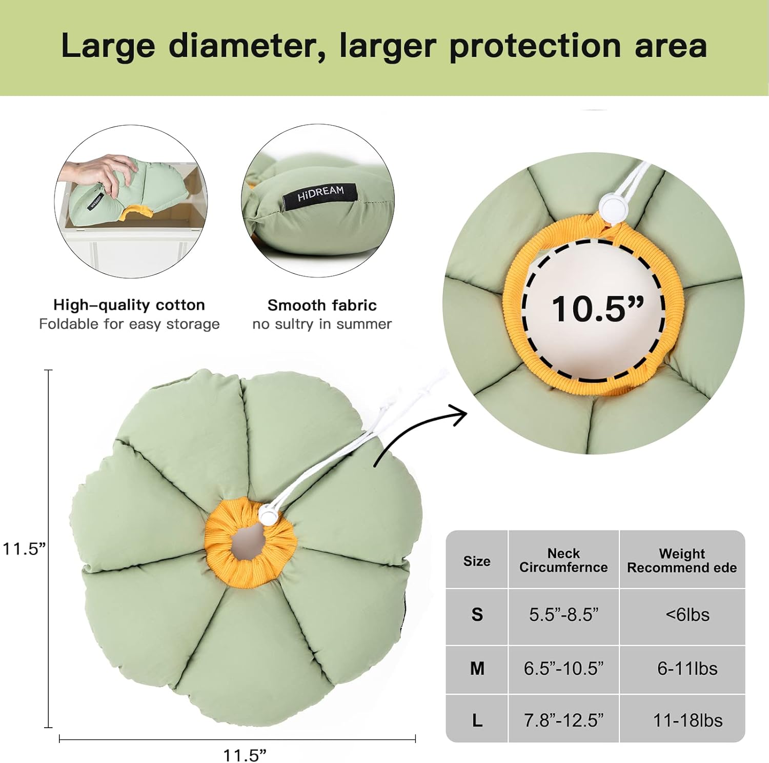 Green neck pillow with measurements and features on a white background at Pet Servo