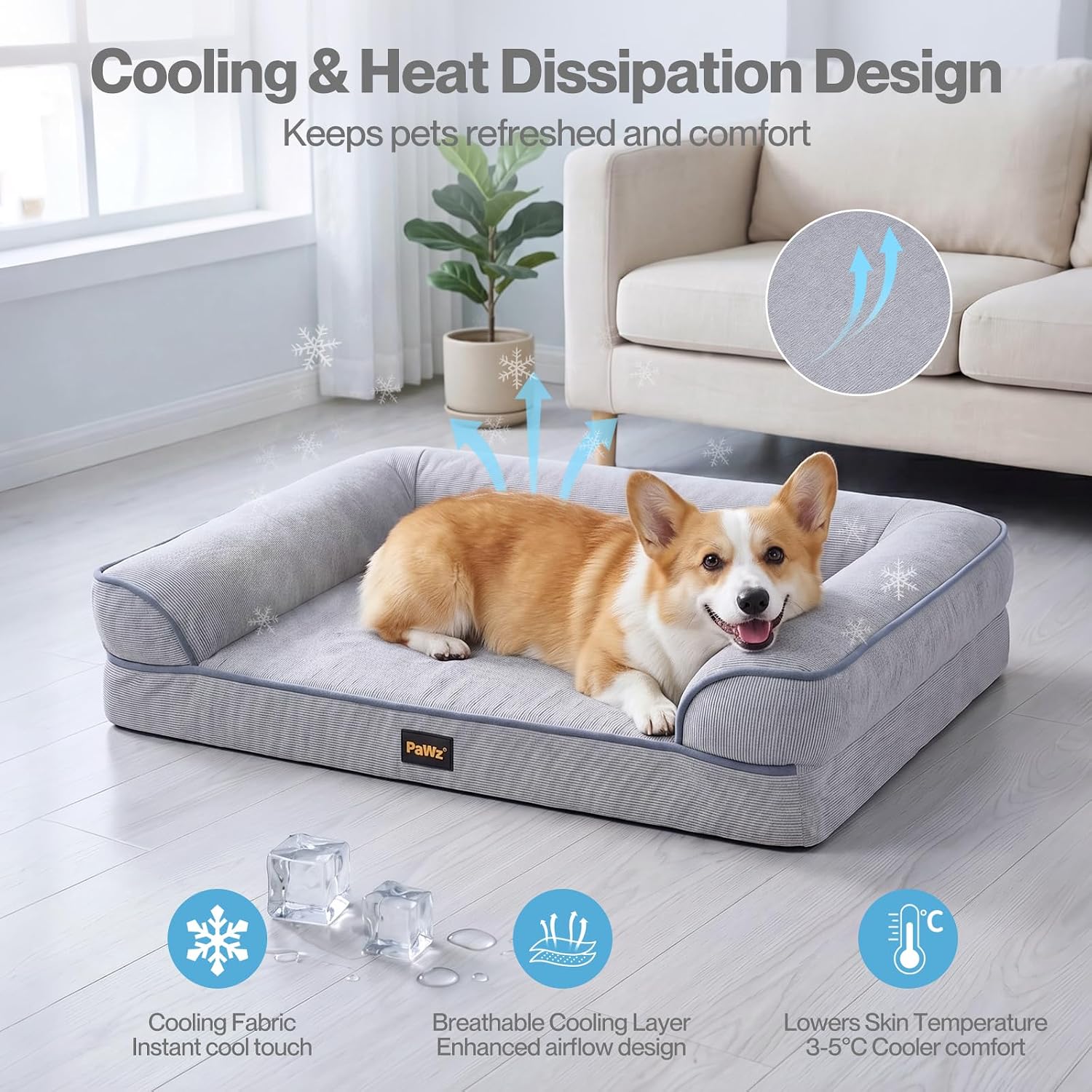 A tan and white Corgi lies on a gray cooling pet bed in a bright living room. The image includes marketing text and icons about cooling and airflow, plus a circular inset showing the cooling fabric detail at Pet Servo