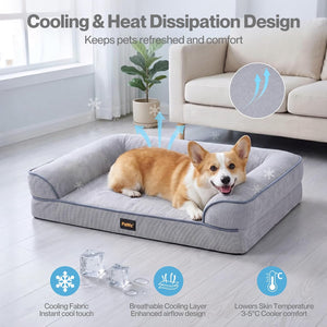 A tan and white Corgi lies on a gray cooling pet bed in a bright living room. The image includes marketing text and icons about cooling and airflow, plus a circular inset showing the cooling fabric detail at Pet Servo