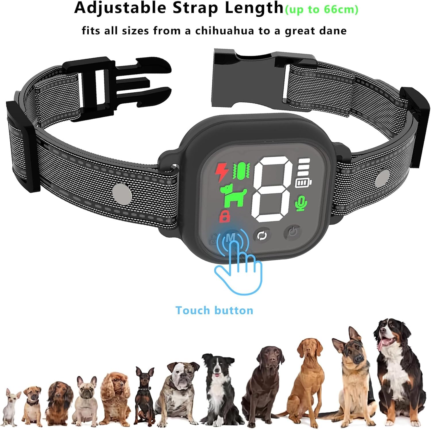 Electronic dog collar with adjustable strap length and digital display, featuring a row of dogs below on a white background at Pet Servo