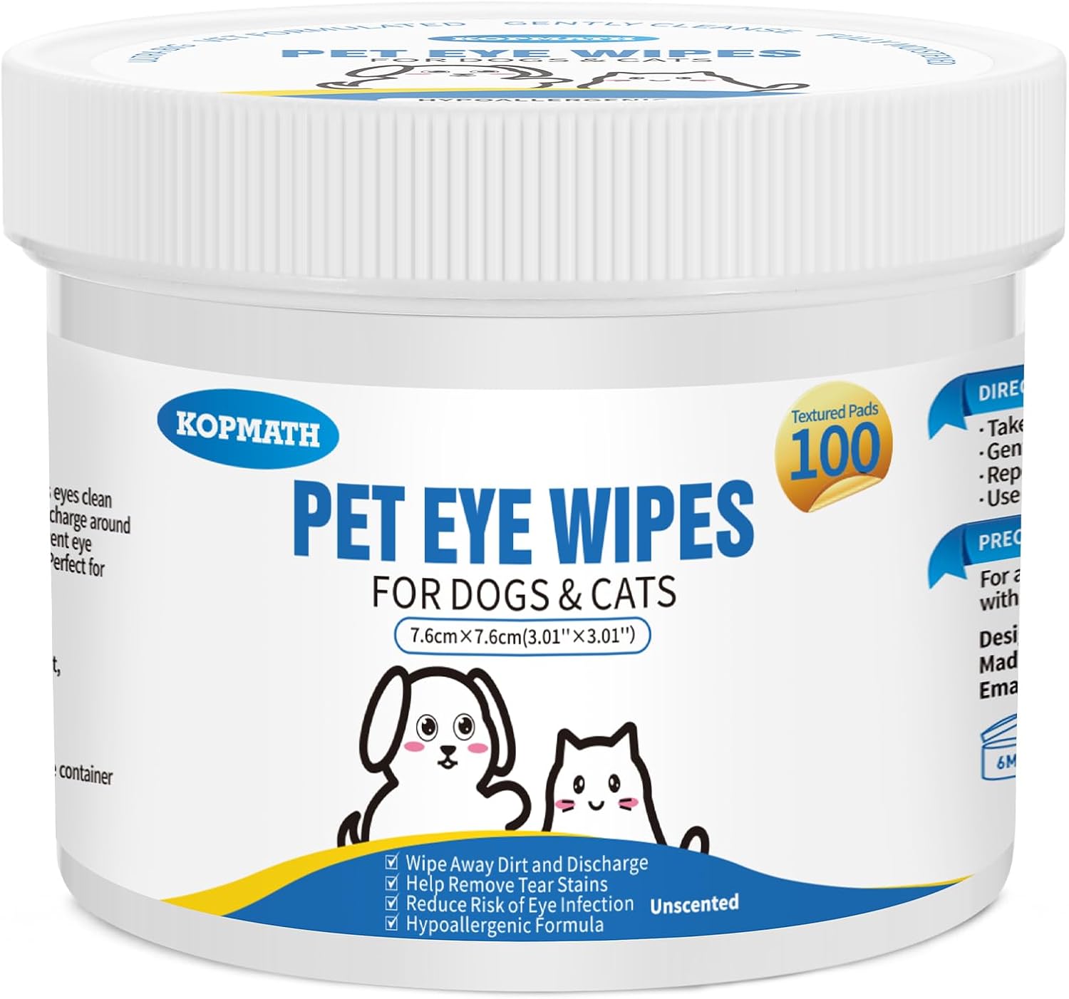 Kopmath Pet Eye Wipes container for dogs and cats with cartoon illustrations on a white background at Pet Servo