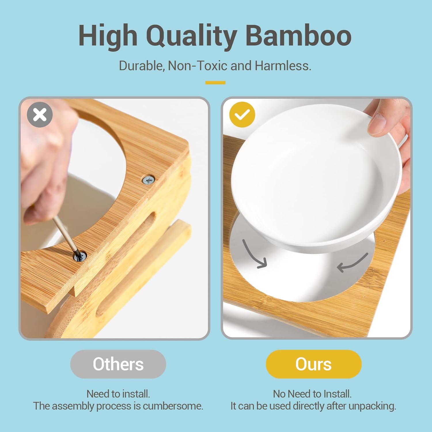 Bamboo product with a comparison to 'Others' showing assembly difficulty, and 'Ours' showing direct usability at Pet Servo