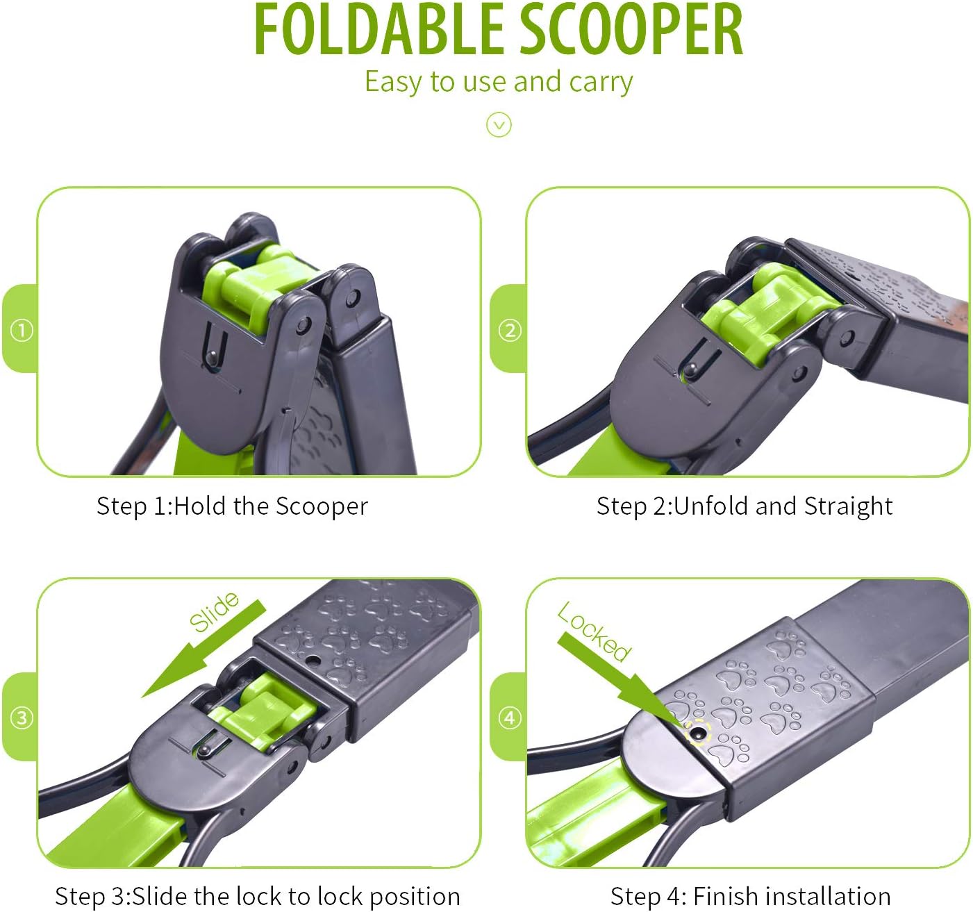 Instructions for using a foldable scooter with green accents on a white background at Pet Servo