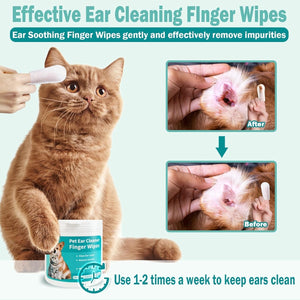 Cat being shown using ear cleaning wipes with before and after images on a light blue background at Pet Servo