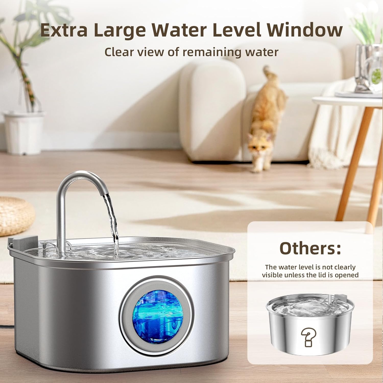 Pet water fountain with large water level window in a home setting at Pet Servo