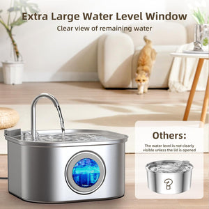 Pet water fountain with large water level window in a home setting at Pet Servo