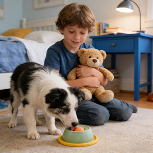 Child holding a teddy bear with a puppy eating from a bowl on a carpeted floor at Pet Servo