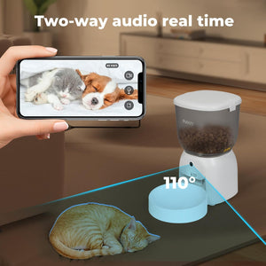 Smart pet feeder with two-way audio feature displayed on a smartphone screen, showing pets and a person interacting at Pet Servo