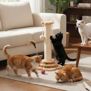 Four cats playing with a cat tree in a living room at Pet Servo