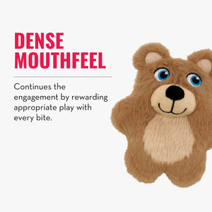 A plush bear toy with brown fur, a cream-colored snout and chest, and blue eyes, shown next to promotional text on a light gray background at Pet Servo