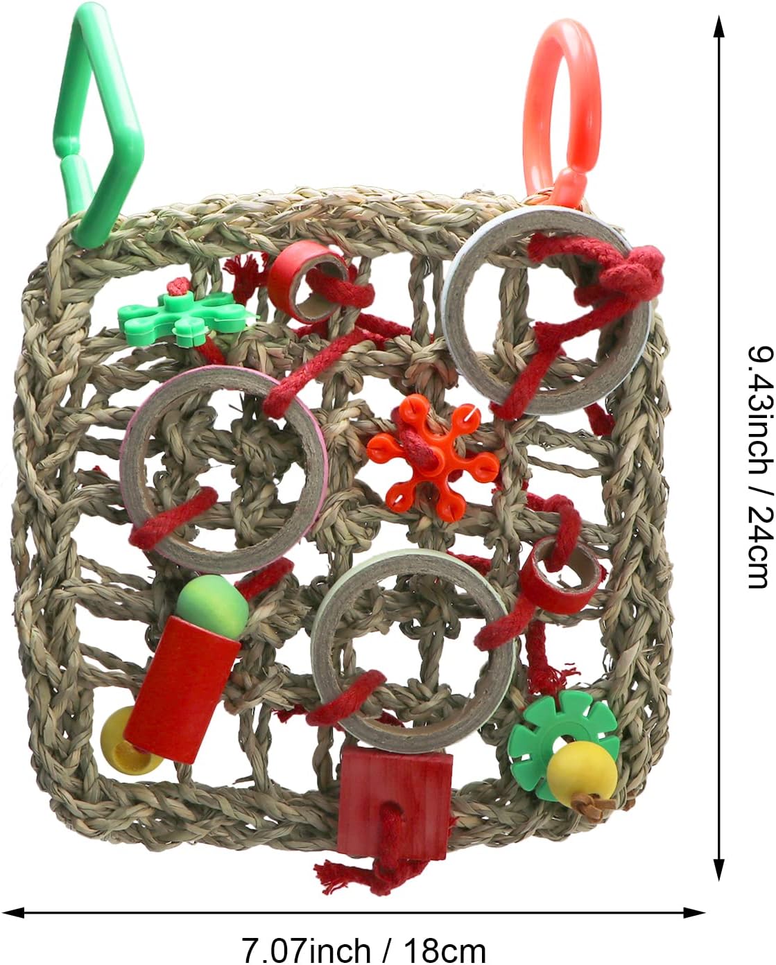Woven hamster toy with colorful components and dimensions displayed at Pet Servo