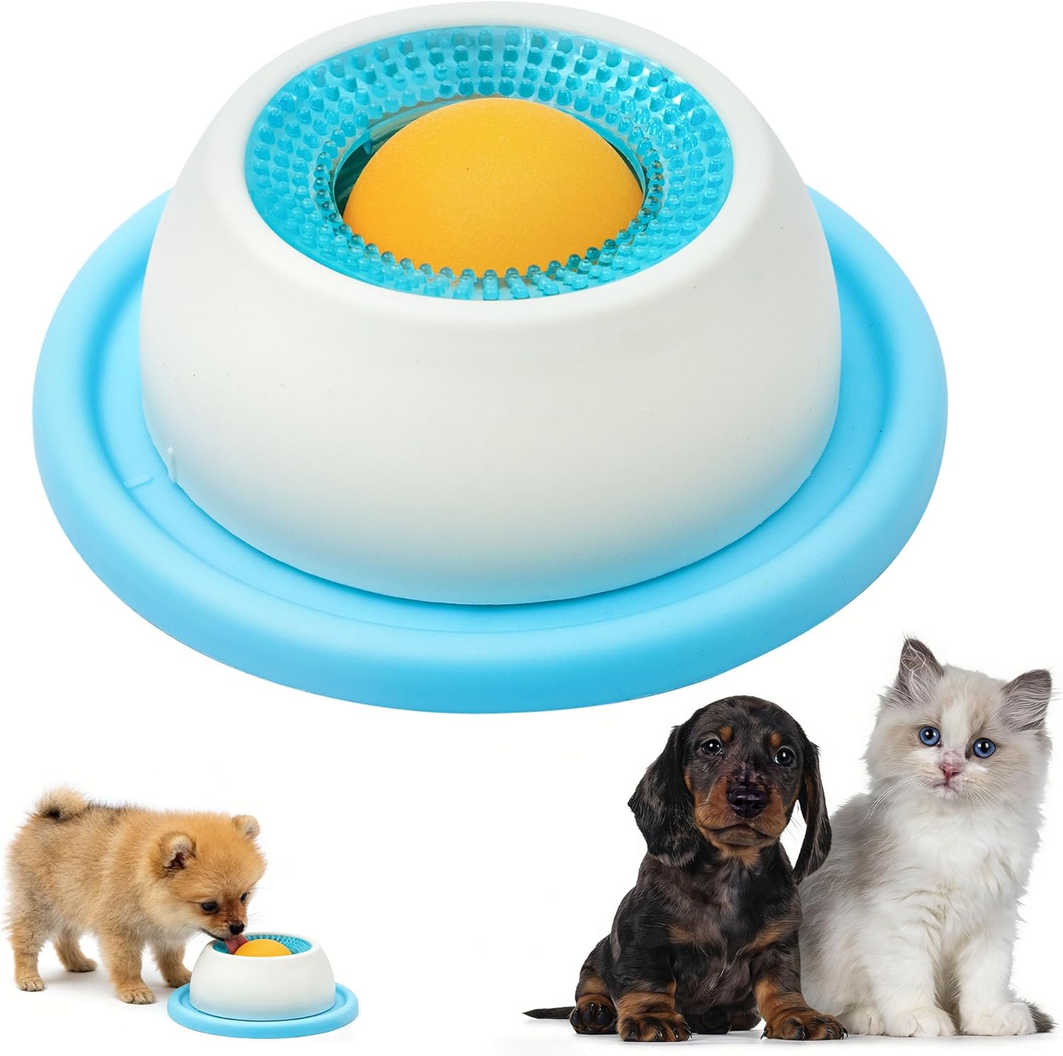 Pet toy with a blue base and white top, featuring a yellow ball inside, with three pets below on a white background at Pet Servo