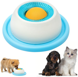 Pet toy with a blue base and white top, featuring a yellow ball inside, with three pets below on a white background at Pet Servo