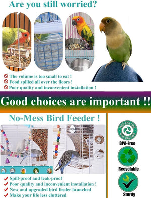 Advertisement for a no-mess bird feeder with images of birds and text about product features at Pet Servo